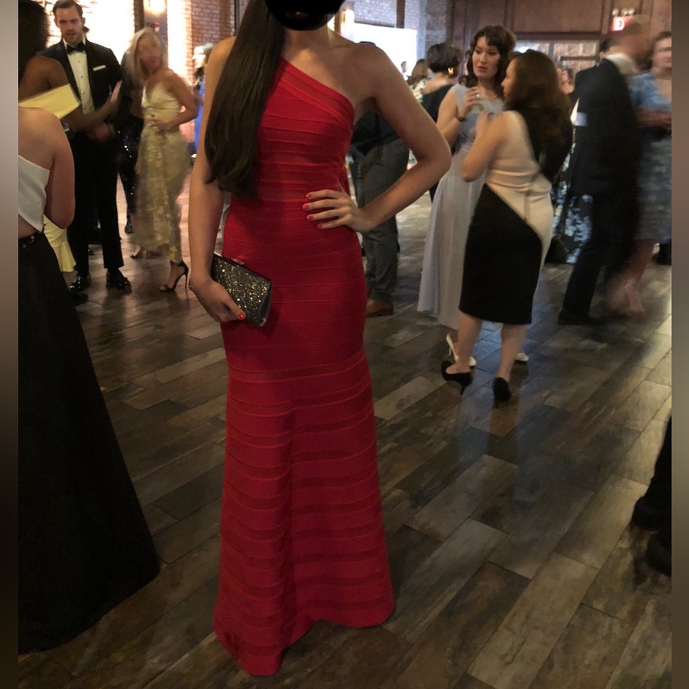 Herve Leger Striking Red One-Shoulder Gown, S